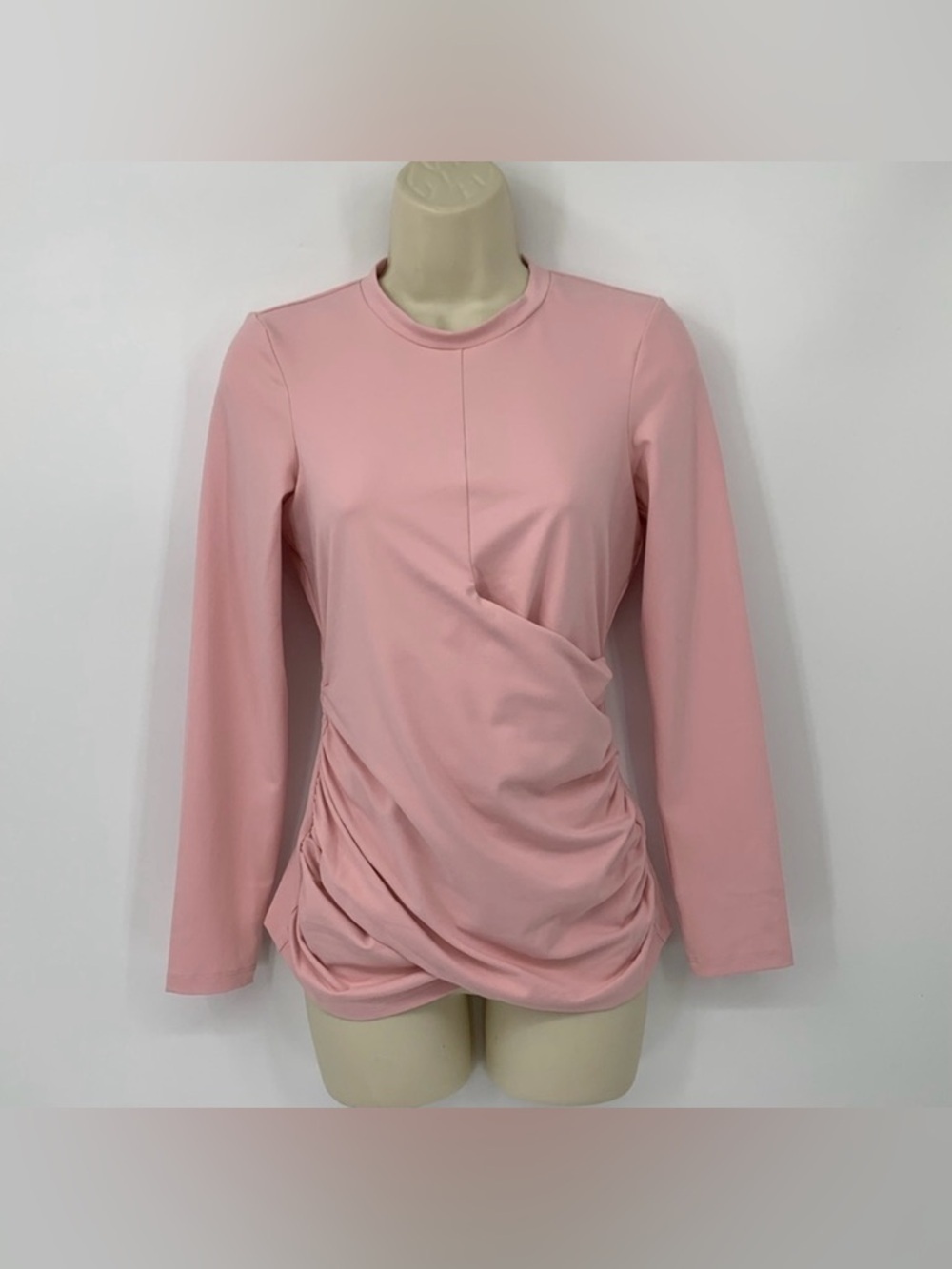 Susana Monaco Faux Wrap crew jersey top shirt blouse candy pink ruched new Large